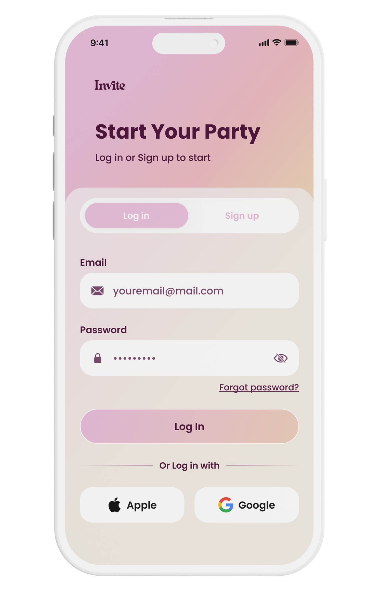 Invite app login and signup screen