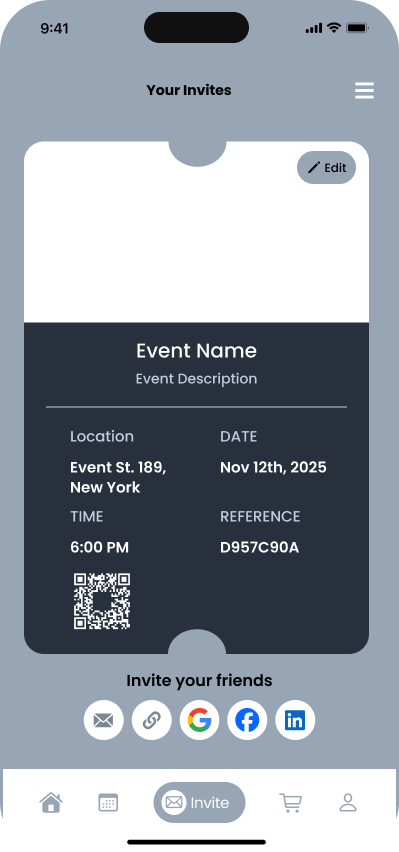 Grayscale wireframe of the Invite invitation screen