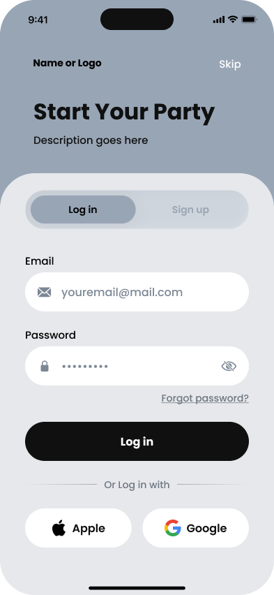 Grayscale wireframe of the Invite login screen