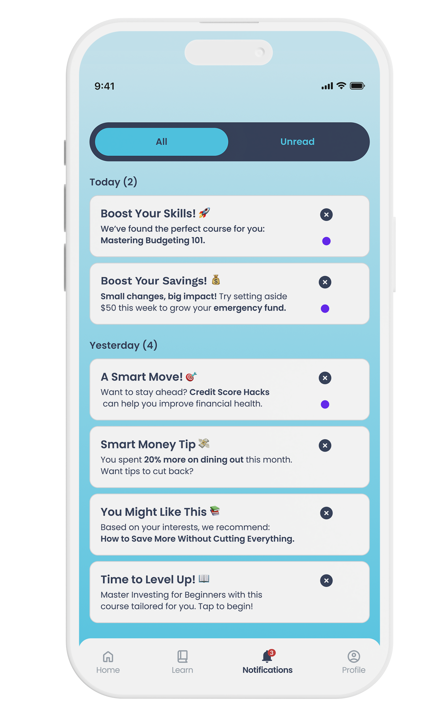 Suma Wealth notifications screen