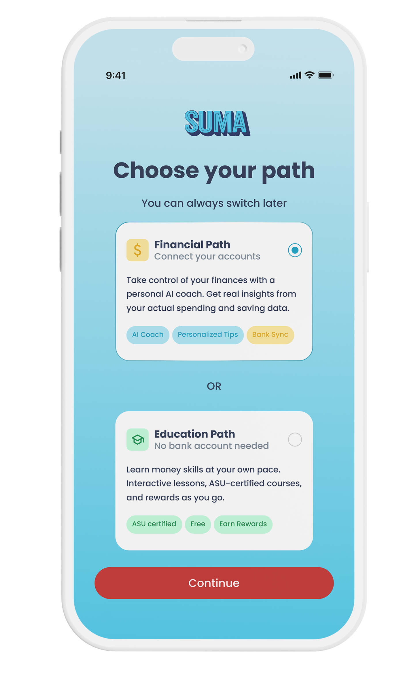Suma Wealth onboarding screen letting users choose a free or connected-accounts path