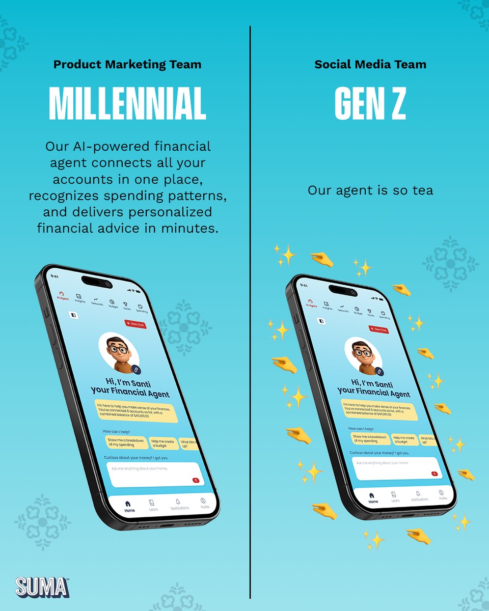 Suma Millennial versus Gen Z social post showing the AI financial agent