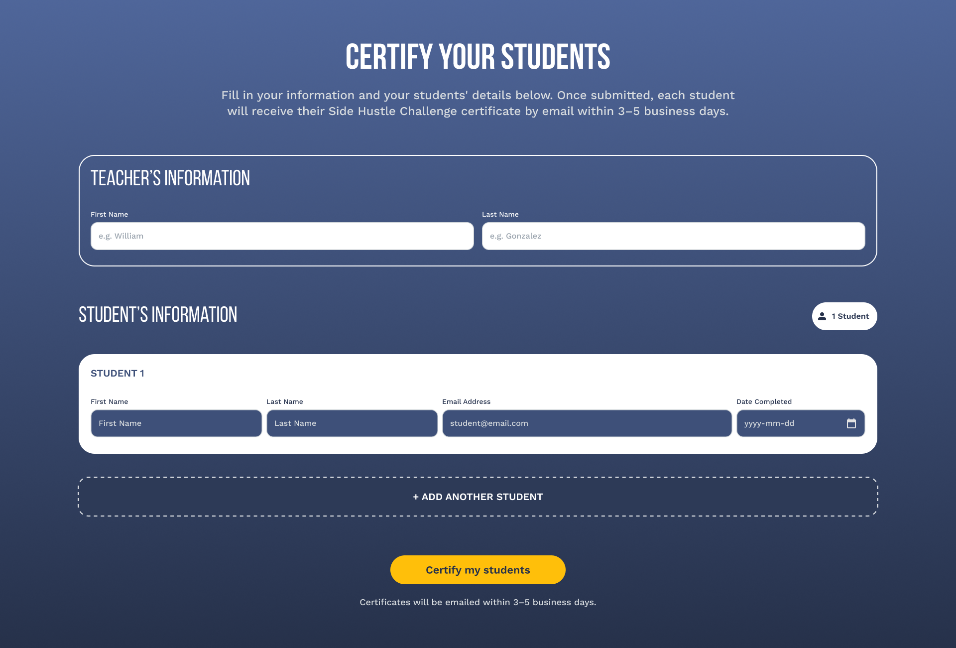 Teacher tool confirming a batch of students has been certified