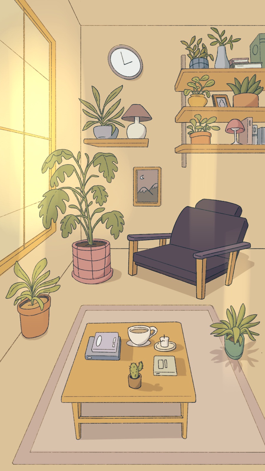 Sunny Day illustrated living room concept at golden hour