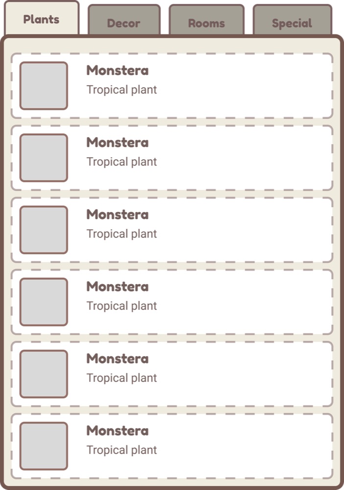 Sunny Day shop menu wireframe with category tabs